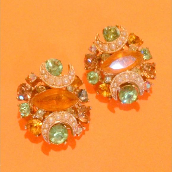 Gold Tone Orange Green Rhinestone and Faux Pearl Cluster Clip Earrings - Picture 3 of 4